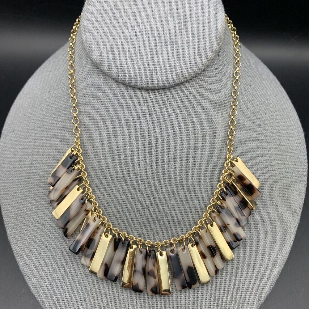 Ann Taylor Bib Statement Necklace Faux Tortoise Acrylic Gold Tone Panel Fringe